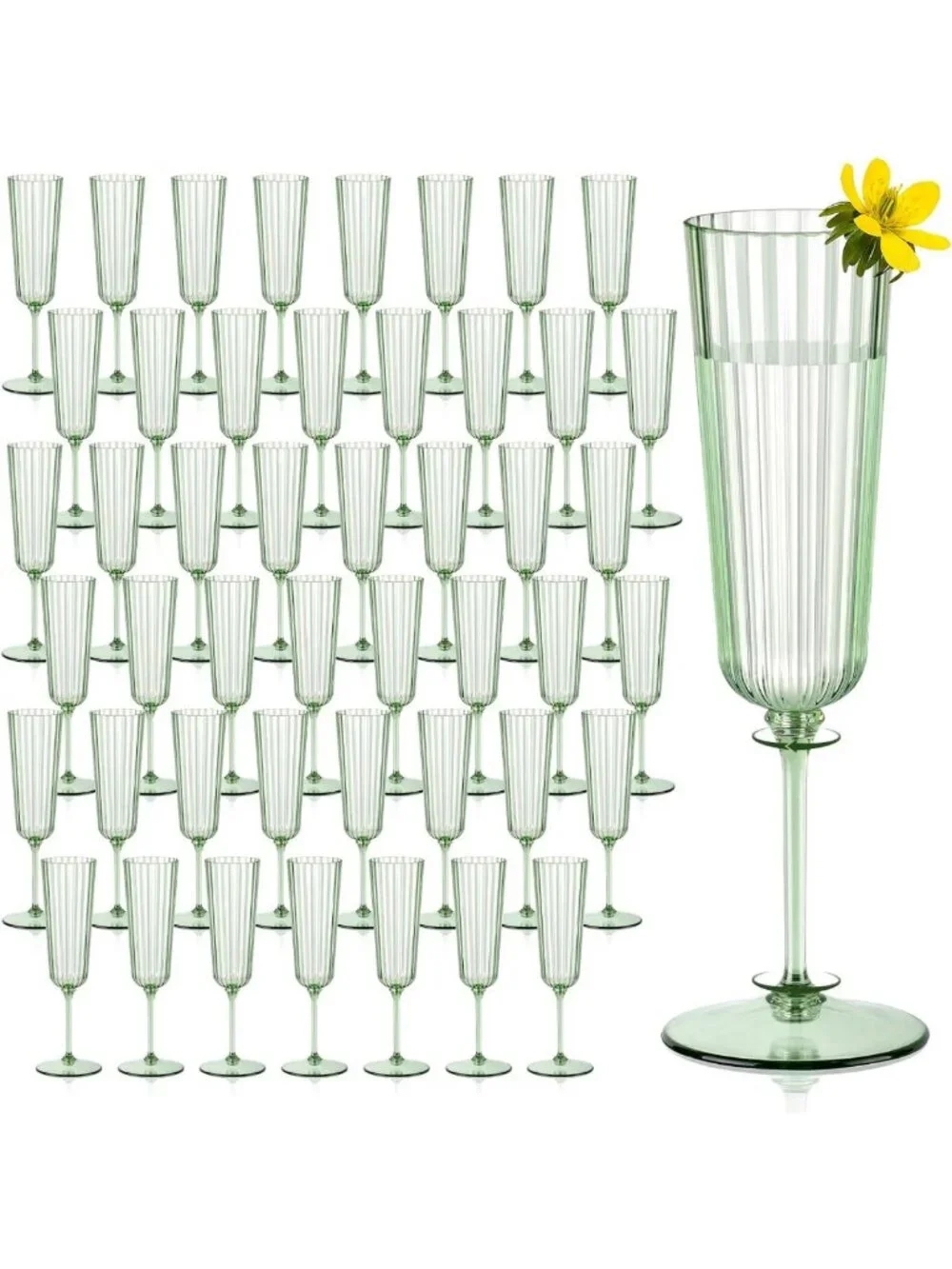 48 Pack Sage Green Unbreakable Champagne Flutes - Ribbed Disposable Wine Glasses